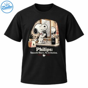 Snoopy shaving at a bathroom vanity with Philips Norelco grooming accessories and Smooth Shave No Irritation lettering