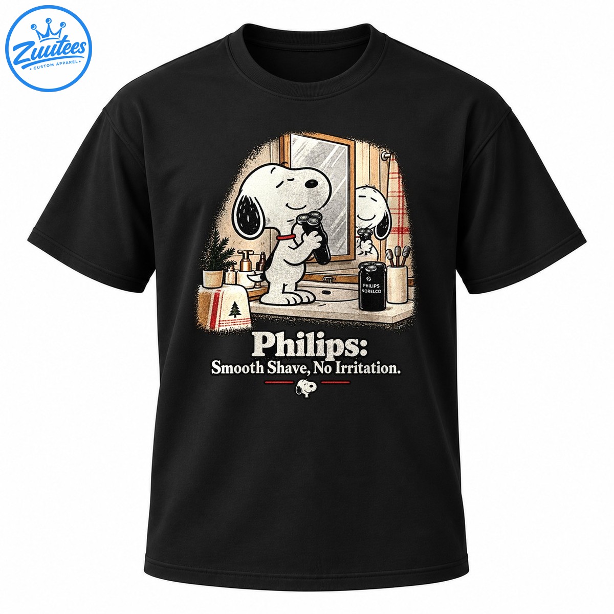 Snoopy shaving at a bathroom vanity with Philips Norelco grooming accessories and Smooth Shave No Irritation lettering Snoopy shaving at a bathroom vanity with Philips Norelco grooming accessories and Smooth Shave No Irritation lettering