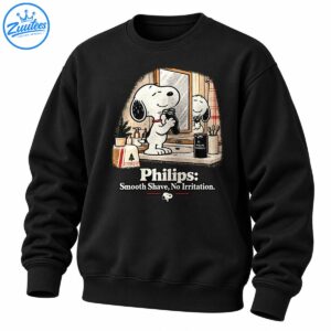 Snoopy shaving at a bathroom vanity with Philips Norelco grooming accessories and Smooth Shave No Irritation lettering