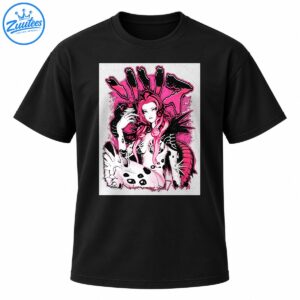 Pink-haired fantasy heroine in black and white armor with vivid pink graffiti, spikes, and distressed comic-style details