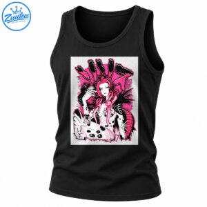 Pink-haired fantasy heroine in black and white armor with vivid pink graffiti, spikes, and distressed comic-style details