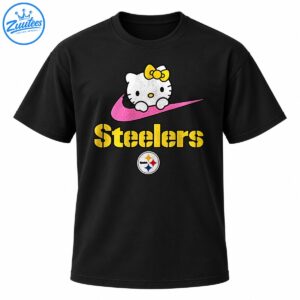 Hello Kitty with a yellow bow above a pink swoosh and gold Steelers lettering with a circular emblem.