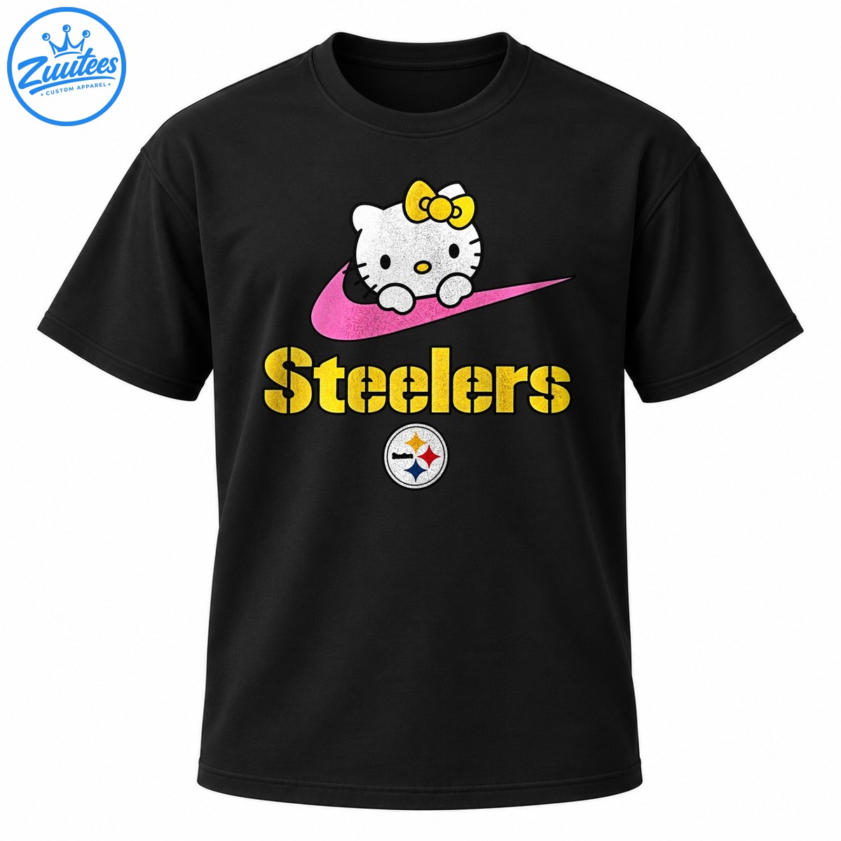Hello Kitty with a yellow bow above a pink swoosh and gold Steelers lettering with a circular emblem. Hello Kitty with a yellow bow above a pink swoosh and gold Steelers lettering with a circular emblem.