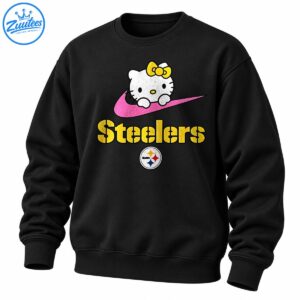 Hello Kitty with a yellow bow above a pink swoosh and gold Steelers lettering with a circular emblem.