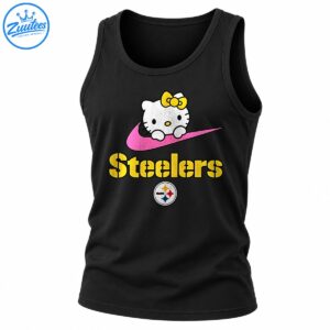 Hello Kitty with a yellow bow above a pink swoosh and gold Steelers lettering with a circular emblem.