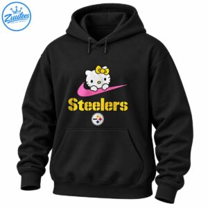 Hello Kitty with a yellow bow above a pink swoosh and gold Steelers lettering with a circular emblem.