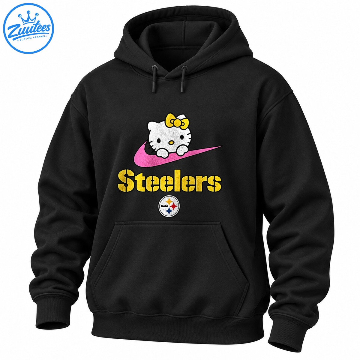 Hello Kitty with a yellow bow above a pink swoosh and gold Steelers lettering with a circular emblem. Hello Kitty with a yellow bow above a pink swoosh and gold Steelers lettering with a circular emblem.
