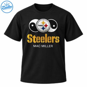 Pittsburgh-inspired graphic with black and white yin-yang symbols, a silver emblem, gold Steelers lettering, and MAC MILLER text.