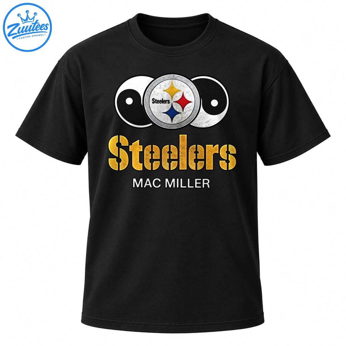 Pittsburgh inspired graphic with black and white yin yang symbols, a silver emblem, gold Steelers lettering, and MAC MILLER text. Pittsburgh-inspired graphic with black and white yin-yang symbols, a silver emblem, gold Steelers lettering, and MAC MILLER text.