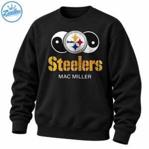 Pittsburgh-inspired graphic with black and white yin-yang symbols, a silver emblem, gold Steelers lettering, and MAC MILLER text.