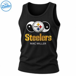 Pittsburgh-inspired graphic with black and white yin-yang symbols, a silver emblem, gold Steelers lettering, and MAC MILLER text.