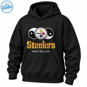 Pittsburgh-inspired graphic with black and white yin-yang symbols, a silver emblem, gold Steelers lettering, and MAC MILLER text.