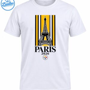 Paris 2026 Eiffel Tower shirt design with black and gold stripes, bold lettering, and a colorful circular emblem