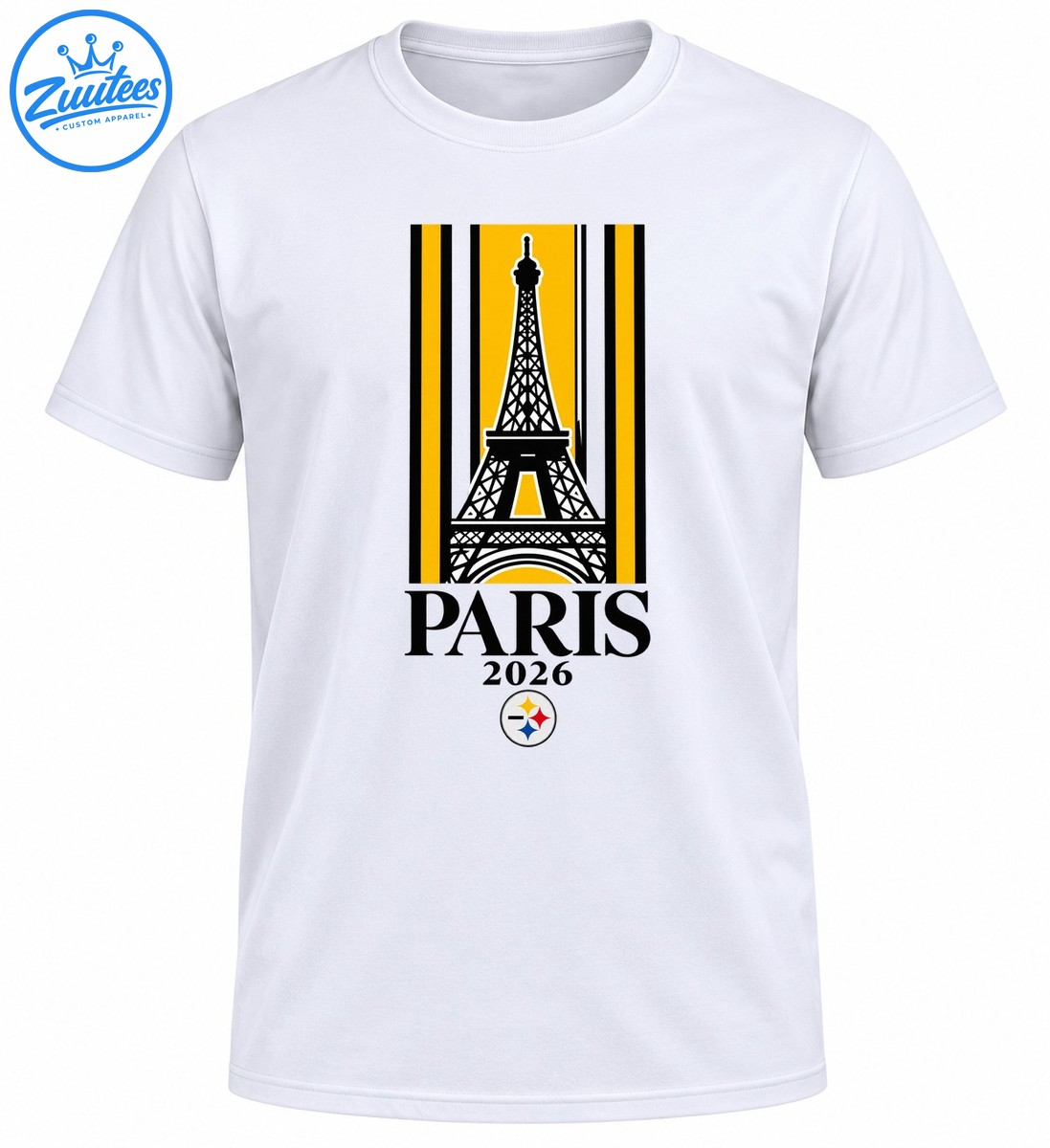 Paris 2026 Eiffel Tower shirt design with black and gold stripes, bold lettering, and a colorful circular emblem Paris 2026 Eiffel Tower shirt design with black and gold stripes, bold lettering, and a colorful circular emblem