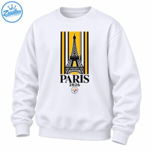 Paris 2026 Eiffel Tower shirt design with black and gold stripes, bold lettering, and a colorful circular emblem