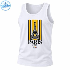 Paris 2026 Eiffel Tower shirt design with black and gold stripes, bold lettering, and a colorful circular emblem