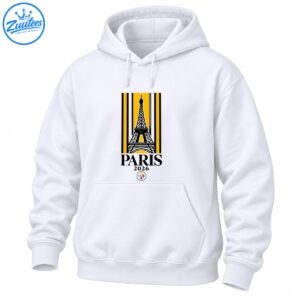 Paris 2026 Eiffel Tower shirt design with black and gold stripes, bold lettering, and a colorful circular emblem