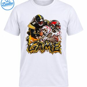 Black and yellow football player tackling a red and white skeleton holding a football above bold distressed GAME lettering.