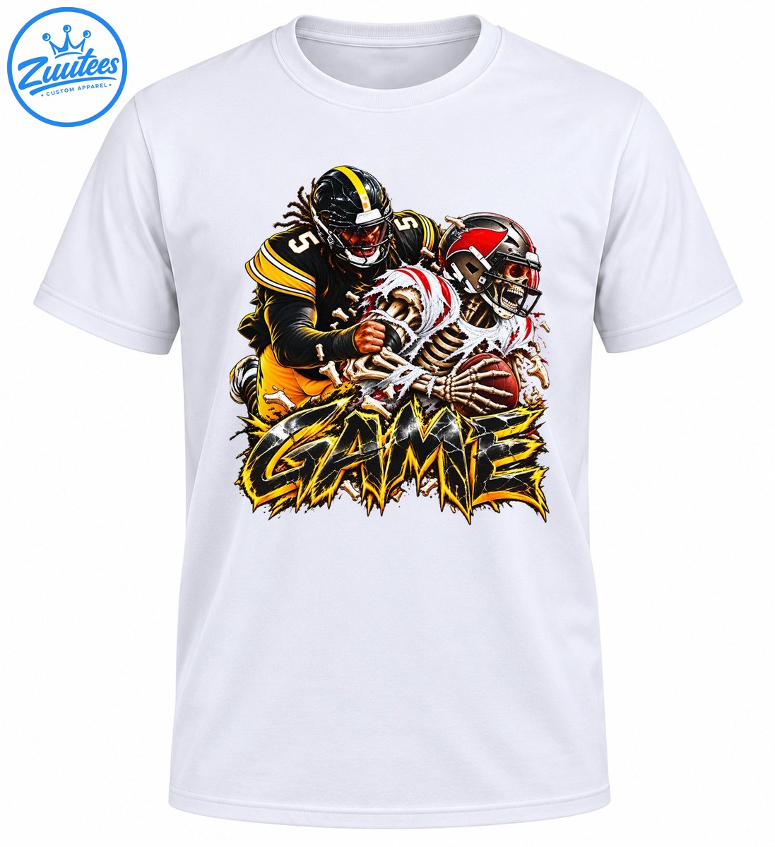 Black and yellow football player tackling a red and white skeleton holding a football above bold distressed GAME lettering. Black and yellow football player tackling a red and white skeleton holding a football above bold distressed GAME lettering.