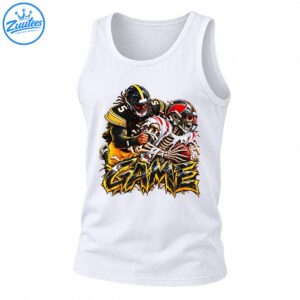 Black and yellow football player tackling a red and white skeleton holding a football above bold distressed GAME lettering.