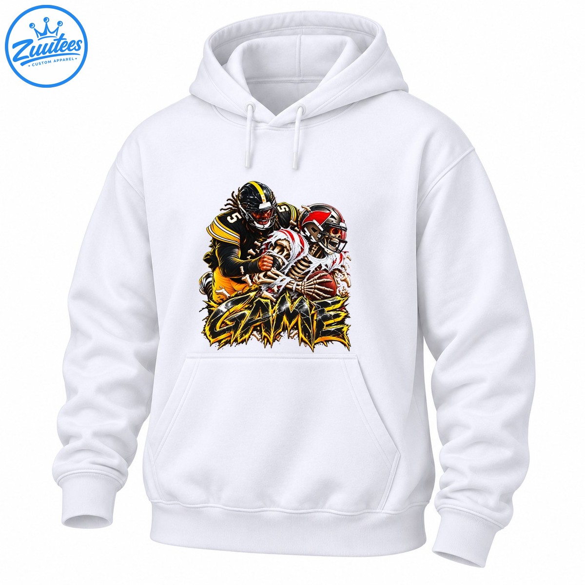 Black and yellow football player tackling a red and white skeleton holding a football above bold distressed GAME lettering. Black and yellow football player tackling a red and white skeleton holding a football above bold distressed GAME lettering.