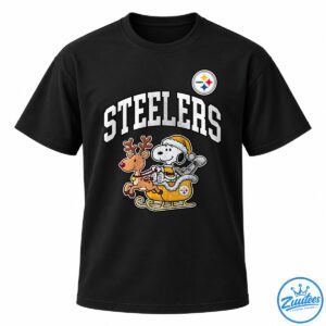 Steelers Snoopy cartoon design with a Santa hat, reindeer, golden sleigh, and distressed white lettering.