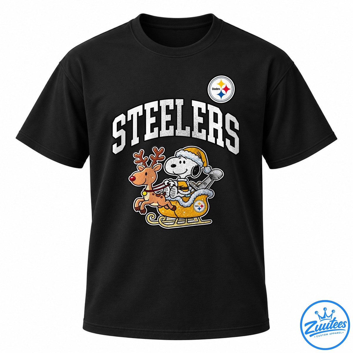 Pittsburgh Steelers X Peanuts Snoopy Super Bowl Here We Go Cartoon Shirt Steelers Snoopy cartoon design with a Santa hat, reindeer, golden sleigh, and distressed white lettering.