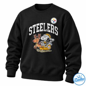 Steelers Snoopy cartoon design with a Santa hat, reindeer, golden sleigh, and distressed white lettering.
