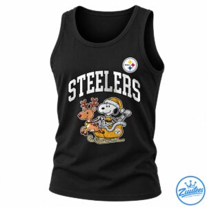 Steelers Snoopy cartoon design with a Santa hat, reindeer, golden sleigh, and distressed white lettering.