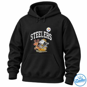 Steelers Snoopy cartoon design with a Santa hat, reindeer, golden sleigh, and distressed white lettering.