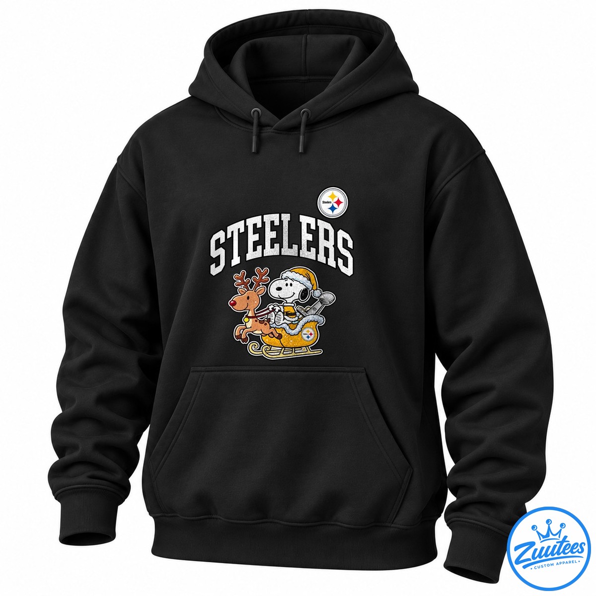 Pittsburgh Steelers X Peanuts Snoopy Super Bowl Here We Go Cartoon Shirt Steelers Snoopy cartoon design with a Santa hat, reindeer, golden sleigh, and distressed white lettering.