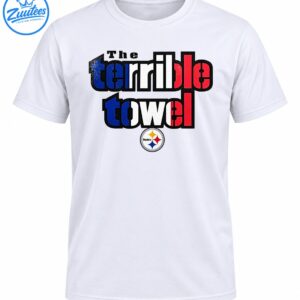 The terrible towel graphic with distressed red white and blue lettering and a circular Steelers emblem