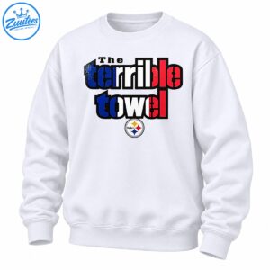 The terrible towel graphic with distressed red white and blue lettering and a circular Steelers emblem