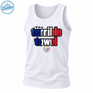 The terrible towel graphic with distressed red white and blue lettering and a circular Steelers emblem