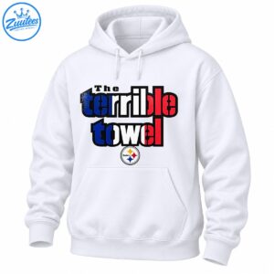 The terrible towel graphic with distressed red white and blue lettering and a circular Steelers emblem