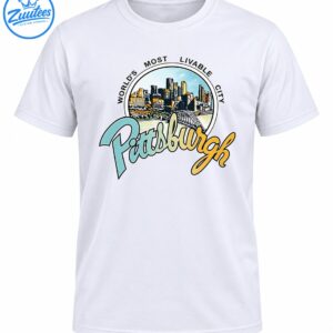 Vintage Pittsburgh skyline graphic with arched bridge, World's Most Livable City text and colorful script lettering