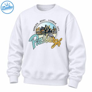 Vintage Pittsburgh skyline graphic with arched bridge, World's Most Livable City text and colorful script lettering