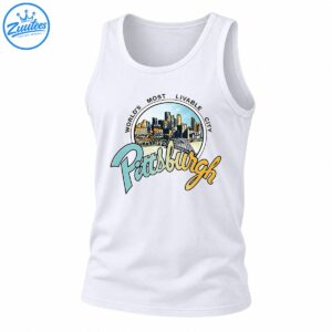Vintage Pittsburgh skyline graphic with arched bridge, World's Most Livable City text and colorful script lettering