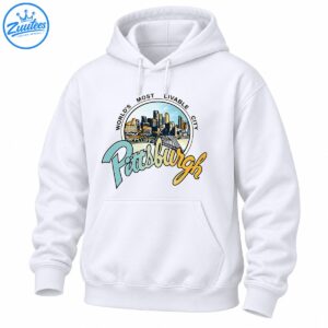 Vintage Pittsburgh skyline graphic with arched bridge, World's Most Livable City text and colorful script lettering