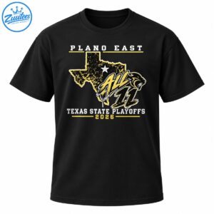 Plano East 2026 Texas State Playoffs shirt design with a gold Texas silhouette, white star, ALL 11 lettering, and black and gold panther.