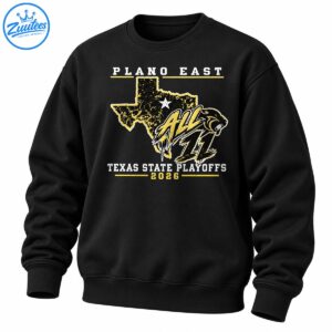 Plano East 2026 Texas State Playoffs shirt design with a gold Texas silhouette, white star, ALL 11 lettering, and black and gold panther.