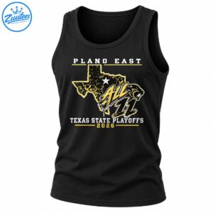 Plano East 2026 Texas State Playoffs shirt design with a gold Texas silhouette, white star, ALL 11 lettering, and black and gold panther.