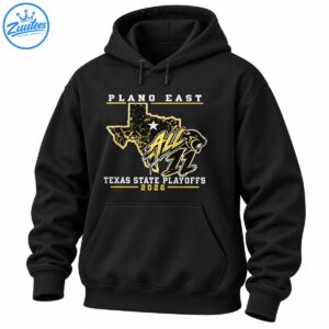 Plano East 2026 Texas State Playoffs shirt design with a gold Texas silhouette, white star, ALL 11 lettering, and black and gold panther.