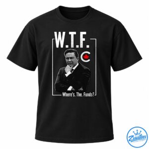 Poilievre political shirt design with distressed W.T.F. lettering, black-and-white portrait, red maple leaf, and Where's The Funds text