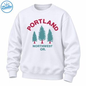 Portland Northwest Oregon shirt graphic with three teal evergreen trees, maroon trunks, and retro arched lettering