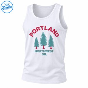 Portland Northwest Oregon shirt graphic with three teal evergreen trees, maroon trunks, and retro arched lettering