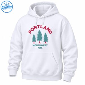 Portland Northwest Oregon shirt graphic with three teal evergreen trees, maroon trunks, and retro arched lettering