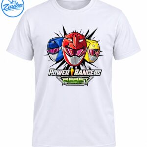 Three red, blue, and yellow ranger helmets above POWER RANGERS lettering and a green BEAST MORPHERS badge.
