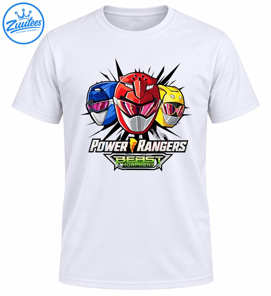 Three red, blue, and yellow ranger helmets above POWER RANGERS lettering and a green BEAST MORPHERS badge. Three red, blue, and yellow ranger helmets above POWER RANGERS lettering and a green BEAST MORPHERS badge.