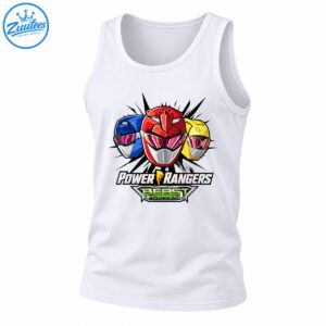 Three red, blue, and yellow ranger helmets above POWER RANGERS lettering and a green BEAST MORPHERS badge.